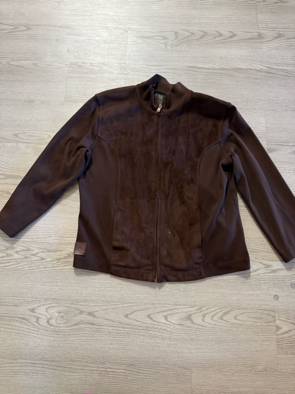 Women Lauren Ralph Lauren Petite Brown Full Zip Jacket Suede Panel Mock Neck P/L